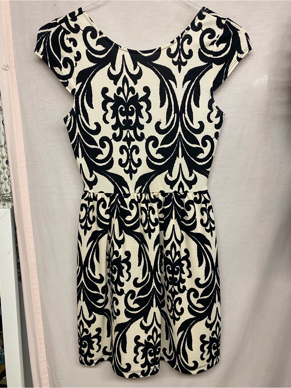 buttons Black and Cream Damask Fit-and-Flare Dress